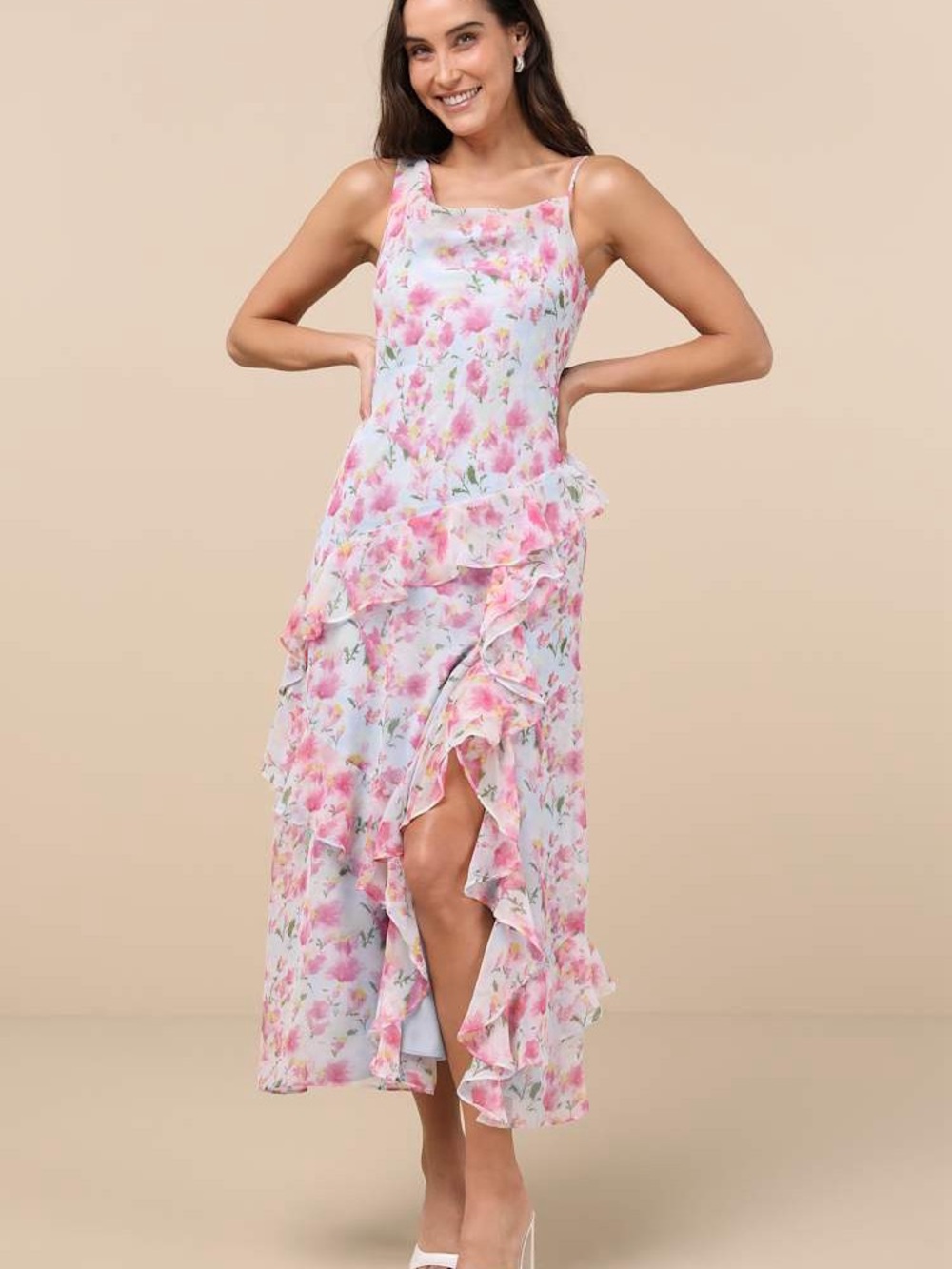 ASTR Pink and White Floral Ruffle High-Low Midi Dress